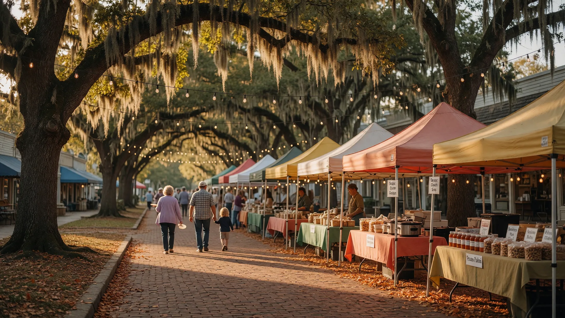 A small-town Mississippi Gulf Coast autumn street festival under live oaks draped in Spanish moss, with string lights glowing in the golden afternoon light