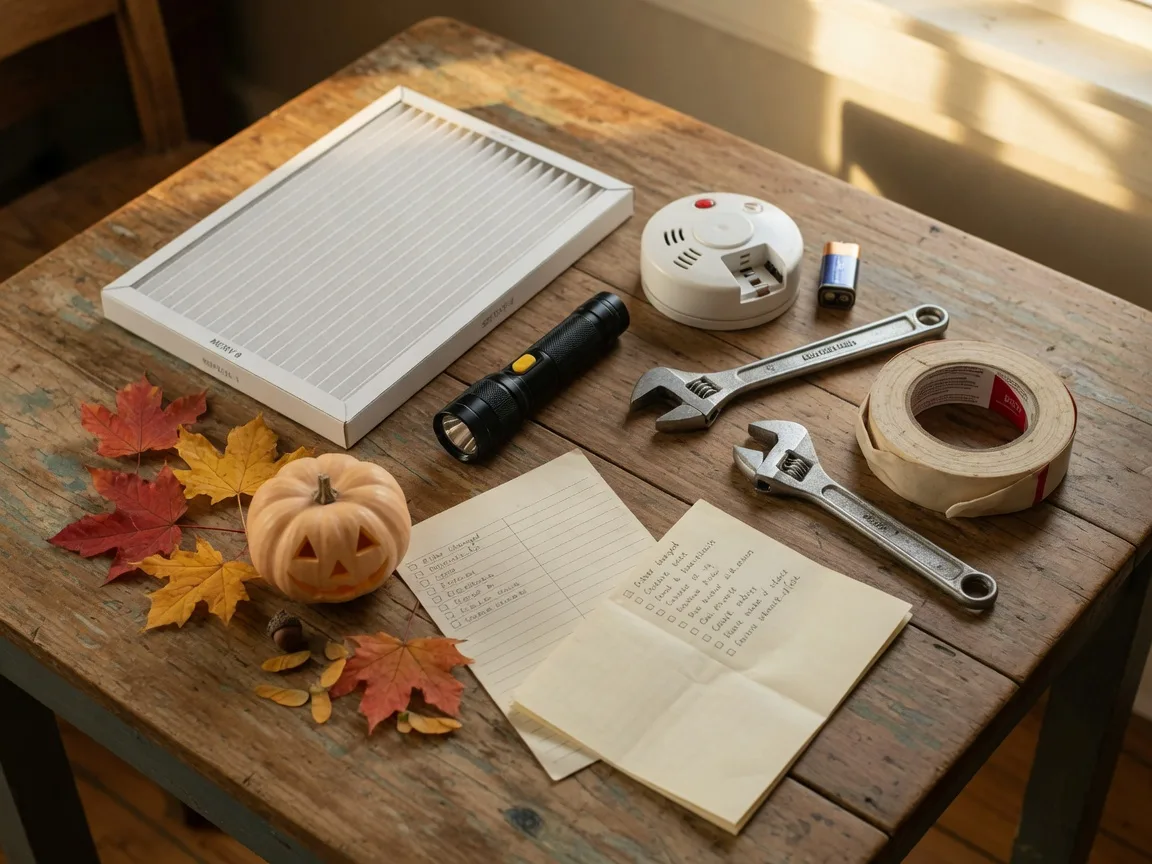 A warm flat-lay of home maintenance essentials on a wooden table: a clean HVAC filter, flashlight, smoke detector, wrench, caulk, and a checklist beside a small carved pumpkin and fallen maple leaves