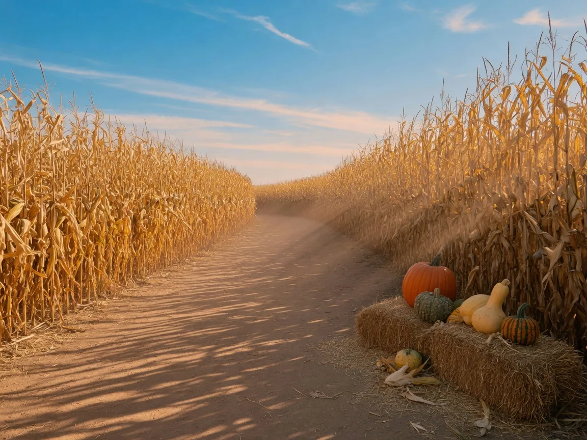 A wide path between tall golden corn stalks of a farm corn maze on an October afternoon, with pumpkins and gourds resting on hay bales at the entrance
