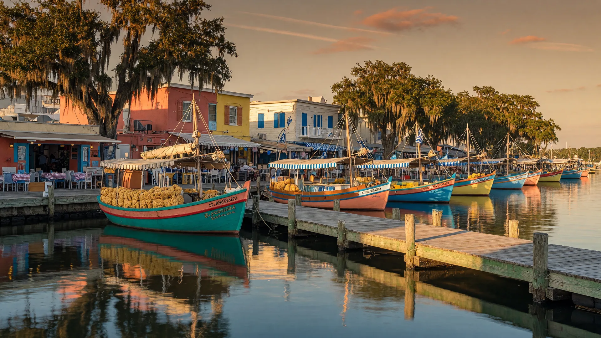 Golden-hour view of the Tarpon Springs Sponge Docks with colorful Greek sponge boats moored along Dodecanese Boulevard, tavernas with Mediterranean-blue shutters lining the dock, and live oaks draped in Spanish moss