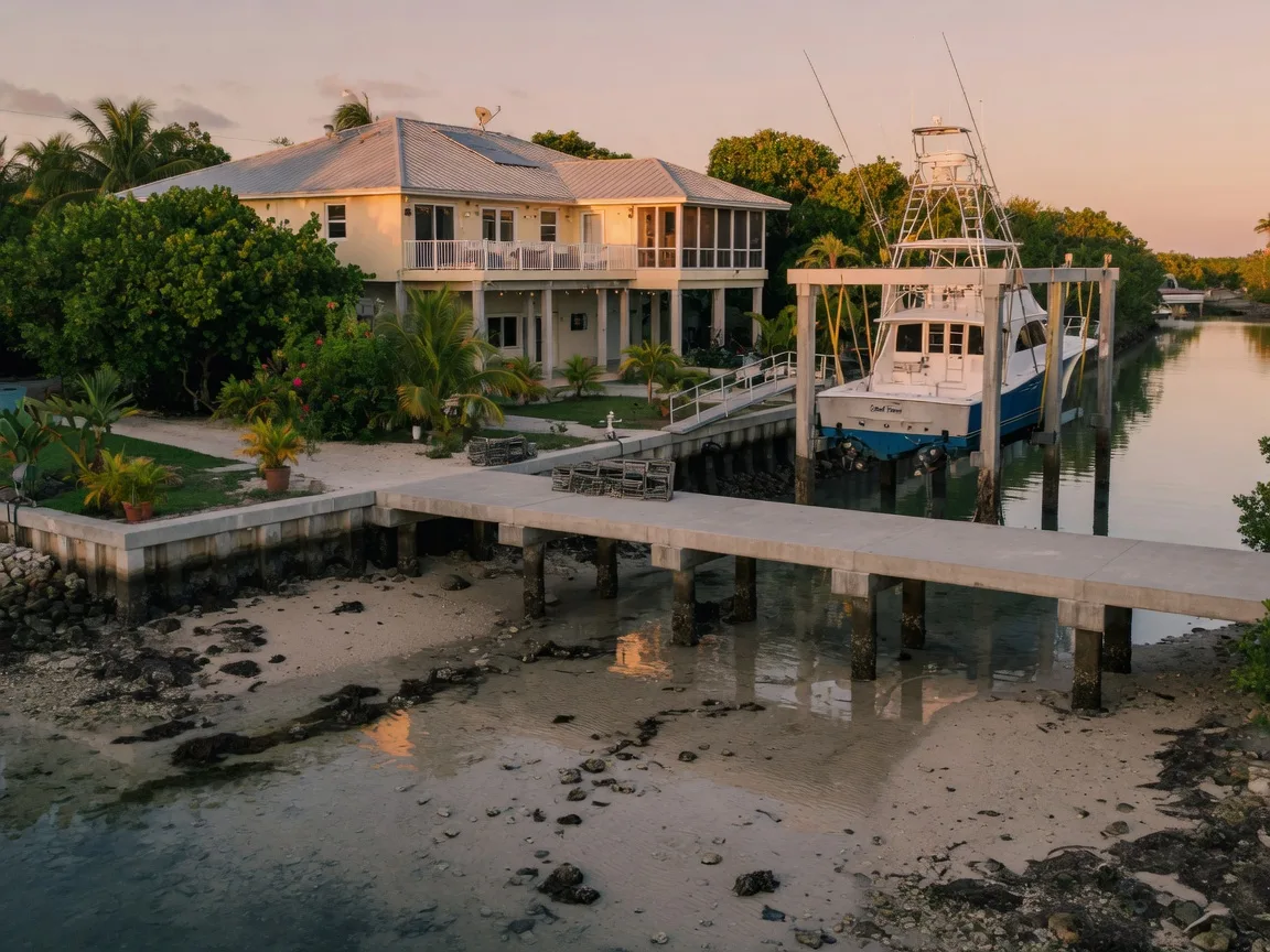 A boat lift and private dock in the Florida Keys at low tide, the concrete dock raised above exposed sandy canal bottom, a sportfishing yacht resting in its lift, a luxury elevated waterfront home with a metal roof behind a lush tropical yard, warm late-afternoon light on calm water