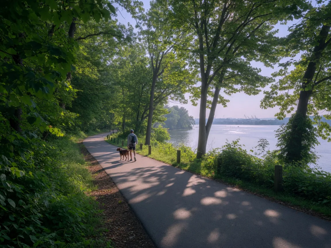 The Mount Vernon Trail winding through trees along the Potomac River in Alexandria, with a person and their dog walking on the paved path