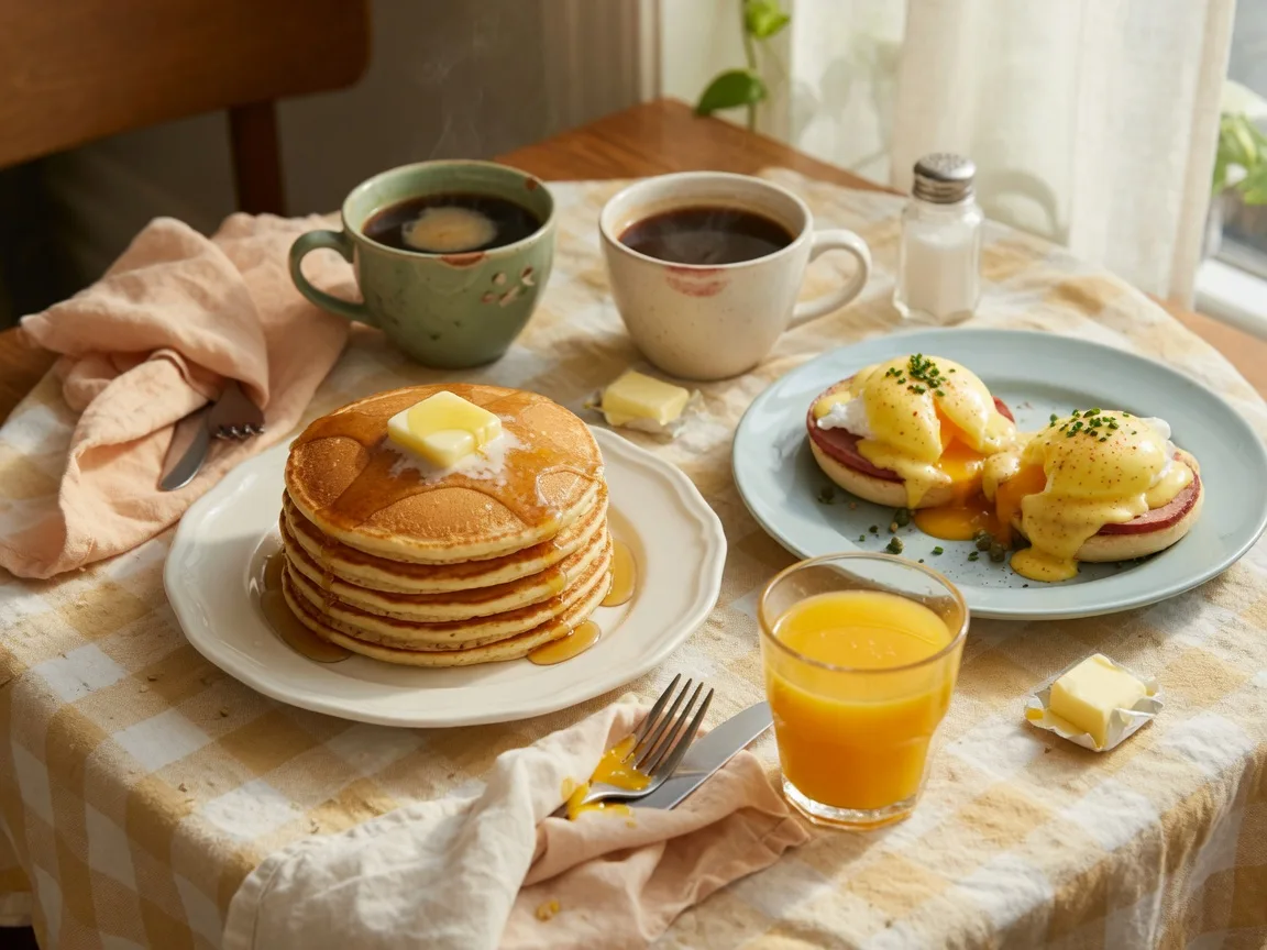Hearty breakfast spread at a Merced cafe with a stack of golden pancakes, eggs benedict with hollandaise, fresh orange juice, and coffee in warm morning light
