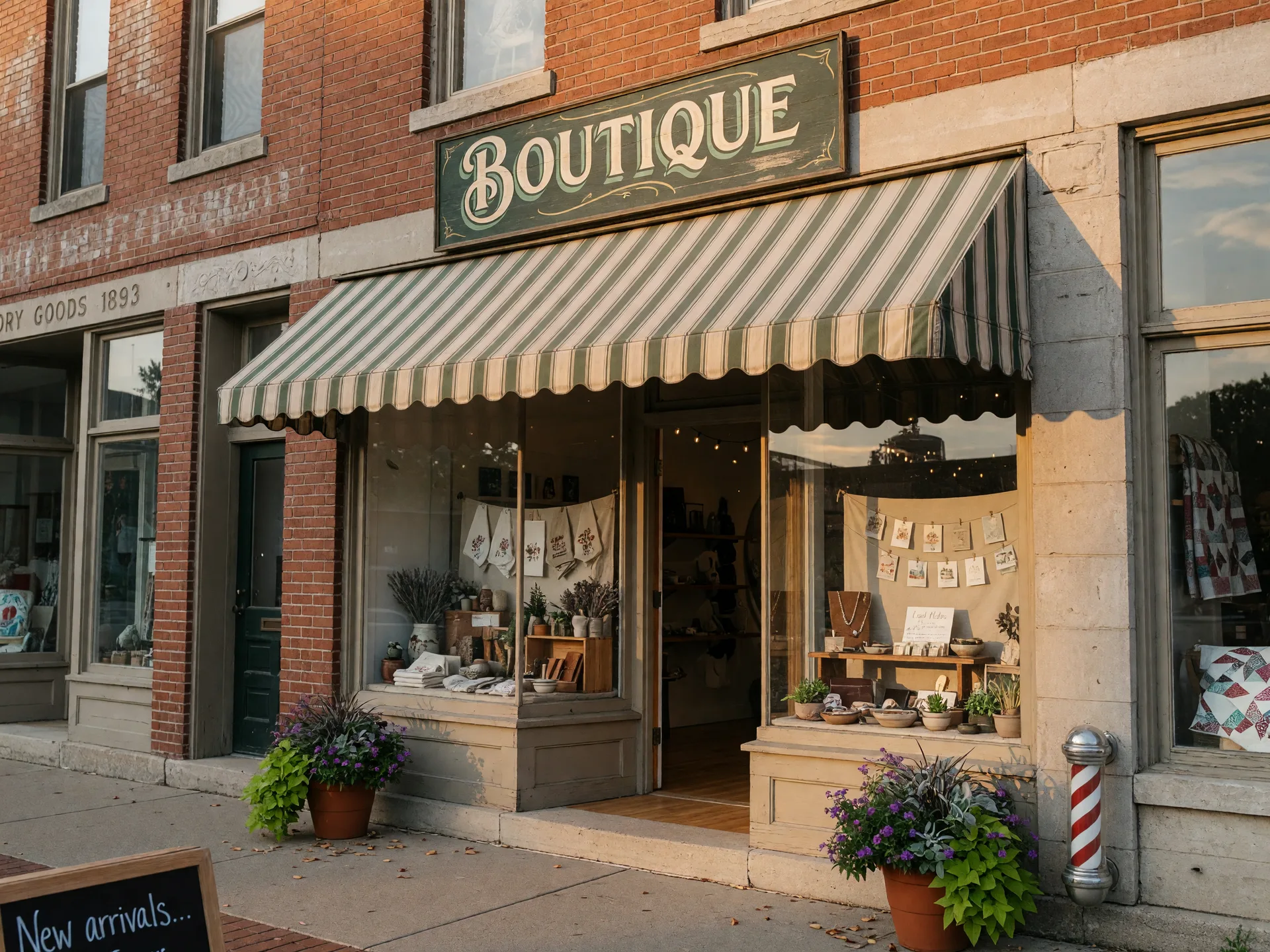 Charming boutique storefront in a historic downtown district with green awnings