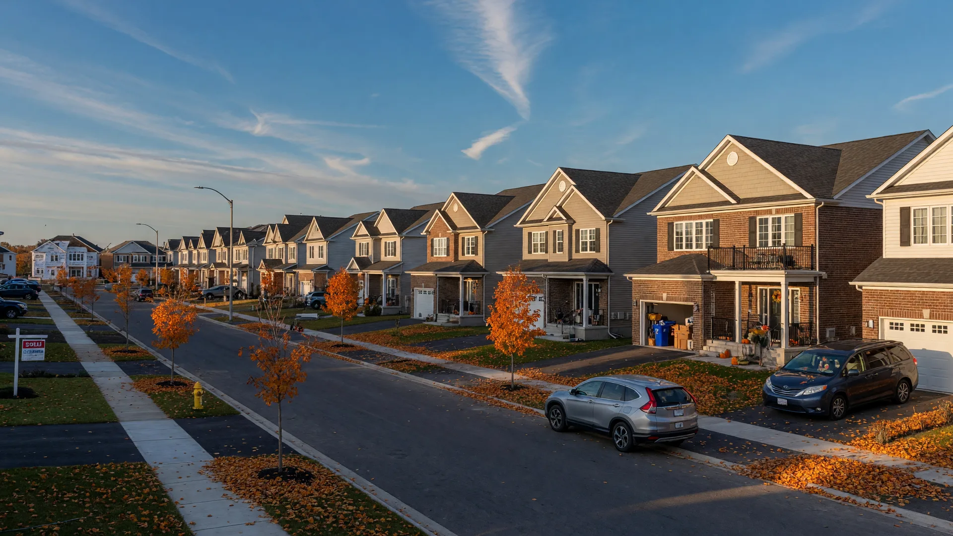 Brand-new family subdivision with autumn maples along a street in north Oshawa's Taunton area