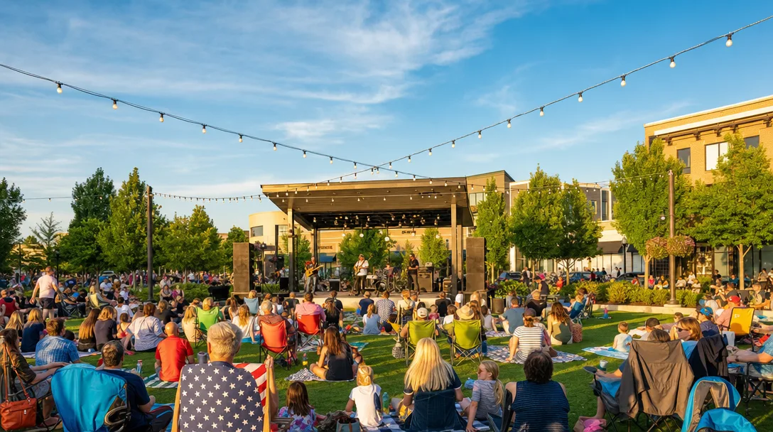 Summer evening concert at Crocker Park in Westlake, Ohio with string lights, live band, and families gathered on the lawn at golden hour