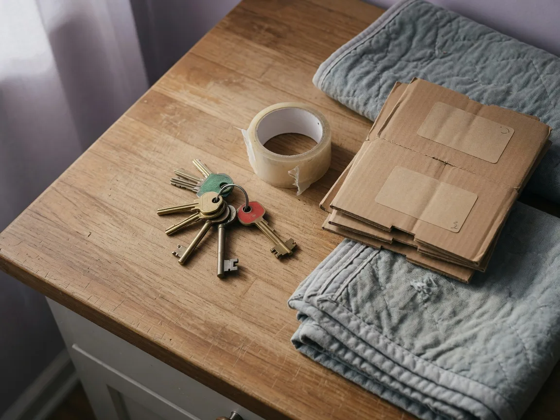 House keys and packing boxes on a kitchen counter, a quiet reminder of the family-transition work in this guide. Illustrative image.