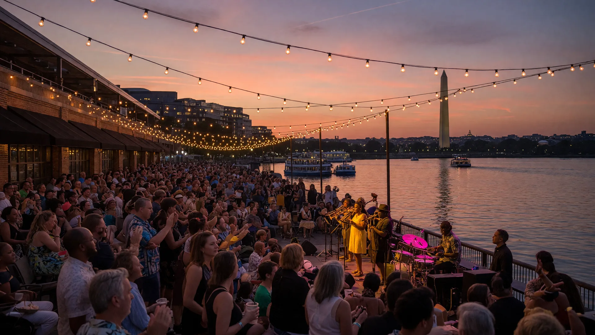 Labor Day weekend evening at The Wharf on the Southwest Waterfront in Washington DC,with an outdoor jazz festival crowd gathered under string lights,the Potomac River reflecting sunset colors,and the Washington Monument on the skyline
