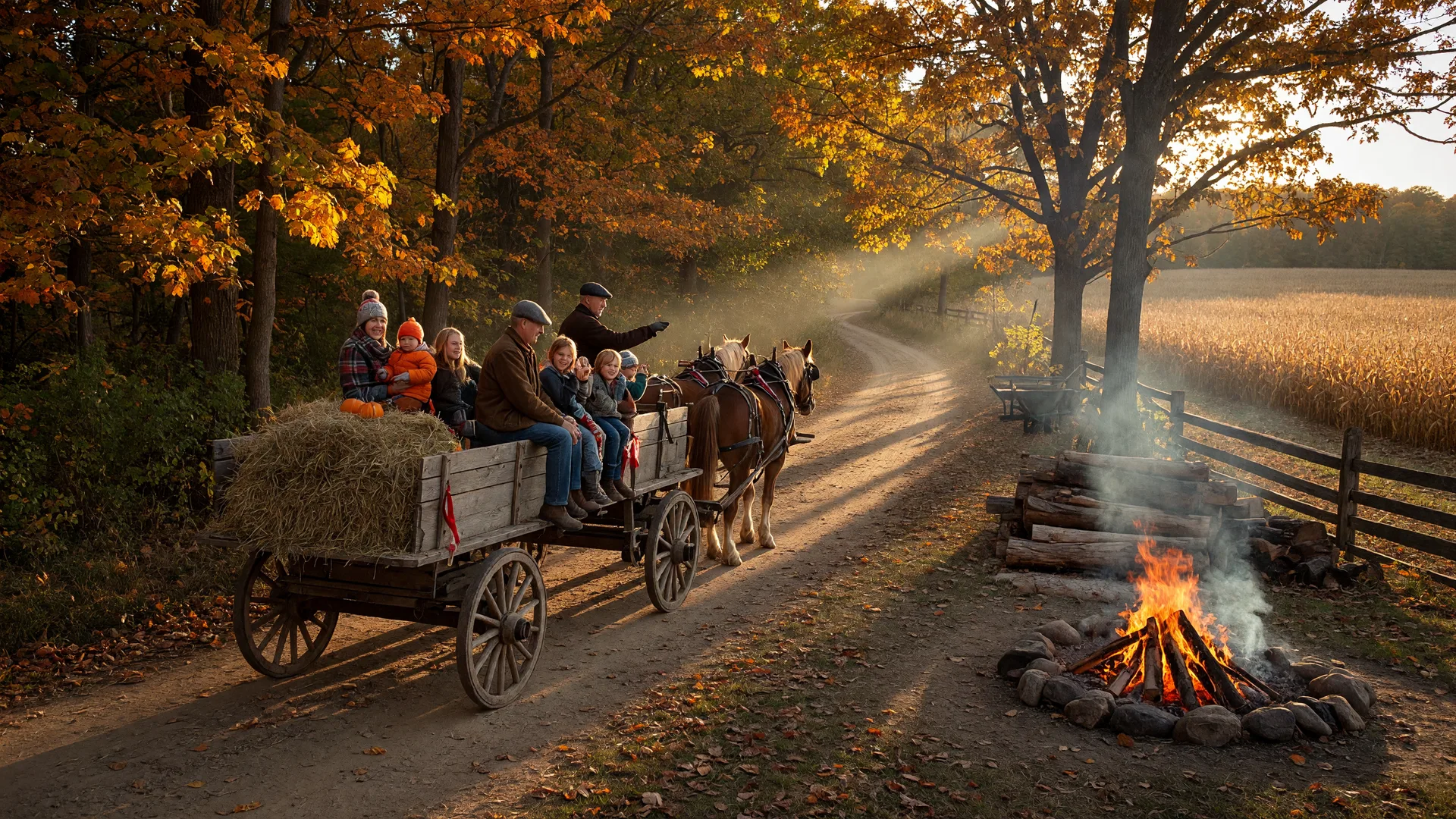 Horse-drawn hay wagon carrying families through autumn woods with golden light and a bonfire at the clearing edge