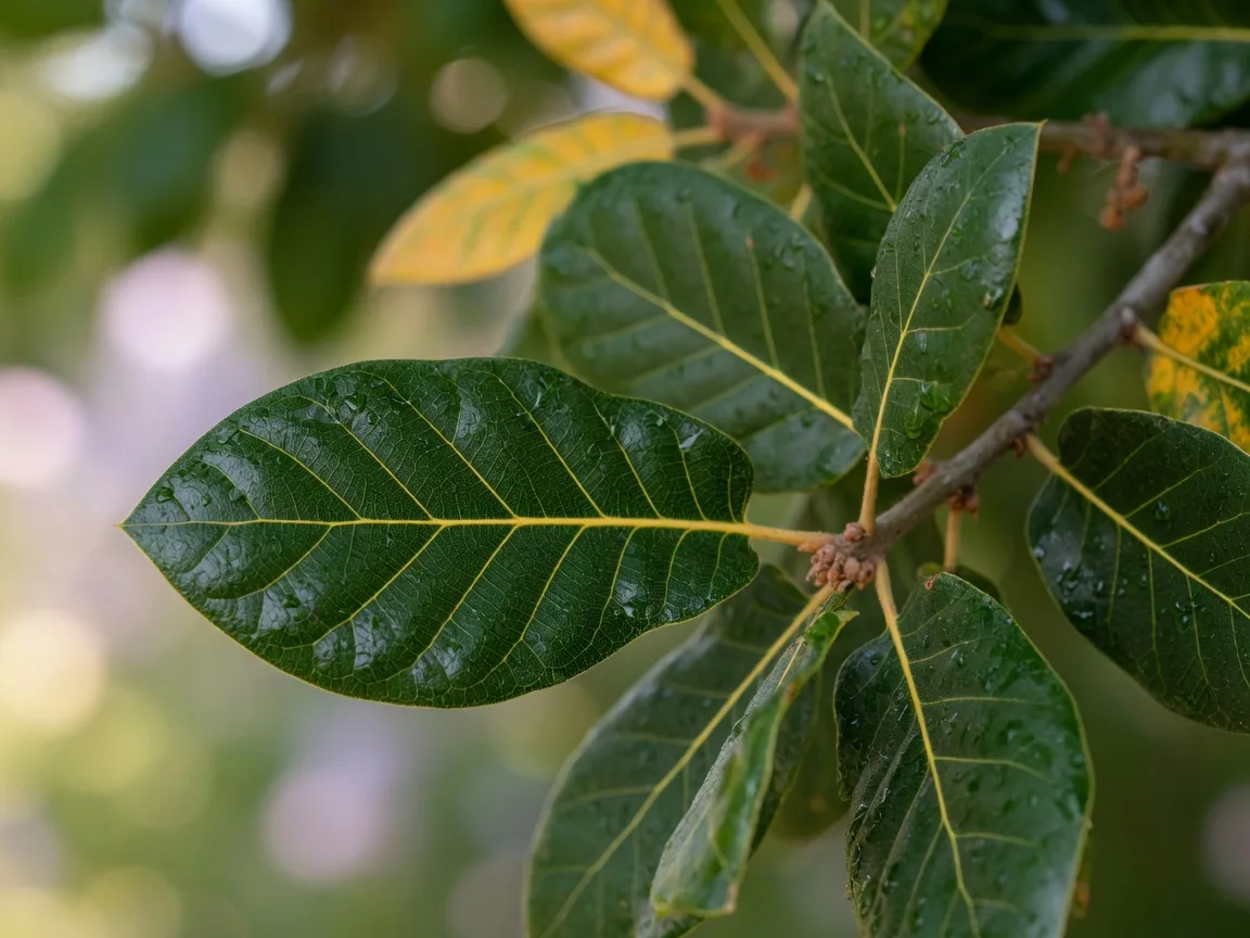 Close view of live oak leaves with yellowish veins forming a fishbone-like pattern, an early alert sign worth a professional check