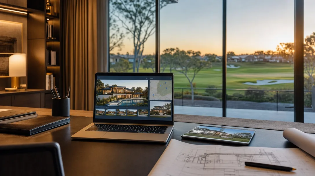Modern luxury home office with laptop showing AI property search tools against a golden-hour golf course community backdrop