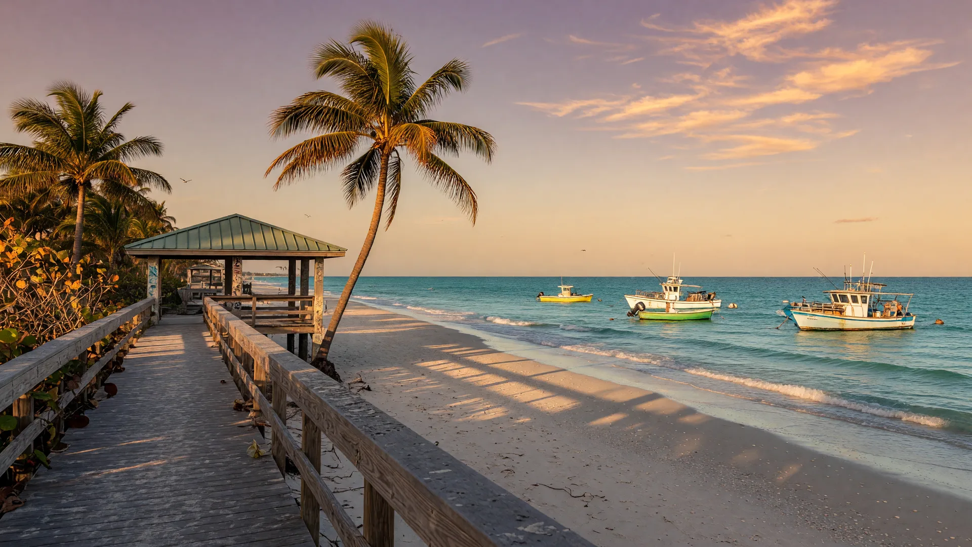 Hudson Beach in Hudson, Florida at golden hour, with a weathered boardwalk, palms over white sand, and calm Gulf water