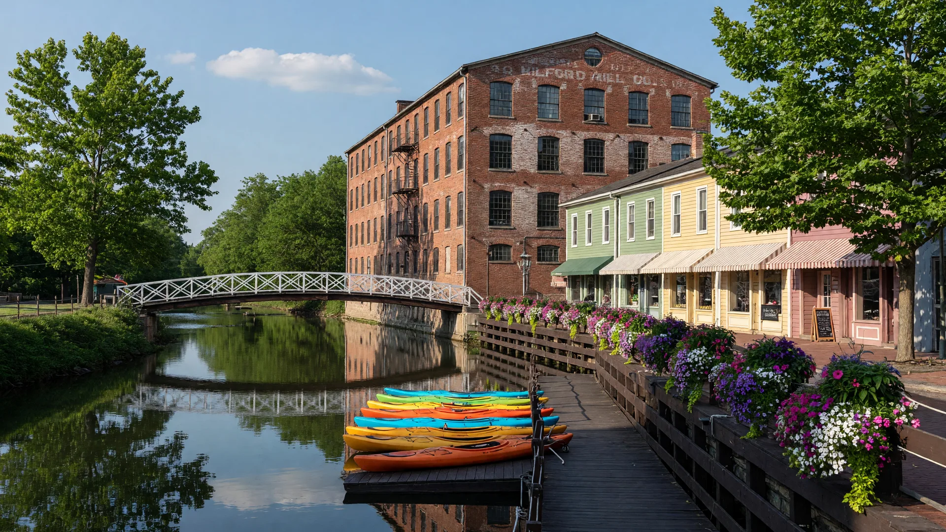 Converted brick mill buildings, a calm river, and a footbridge in the historic mill district of Milford Ohio