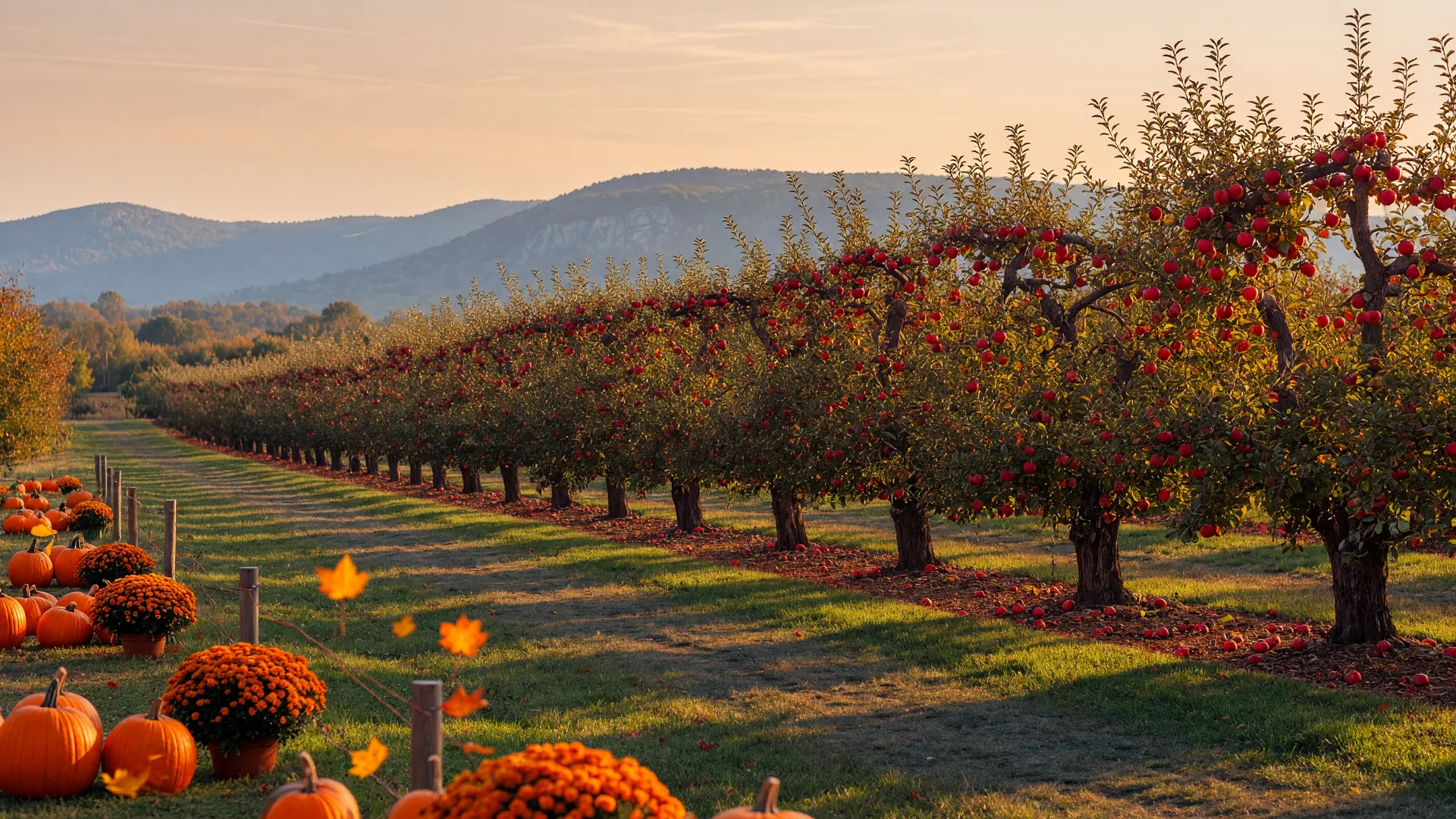 Apple orchard rows in autumn color in the Warwick Valley, New York