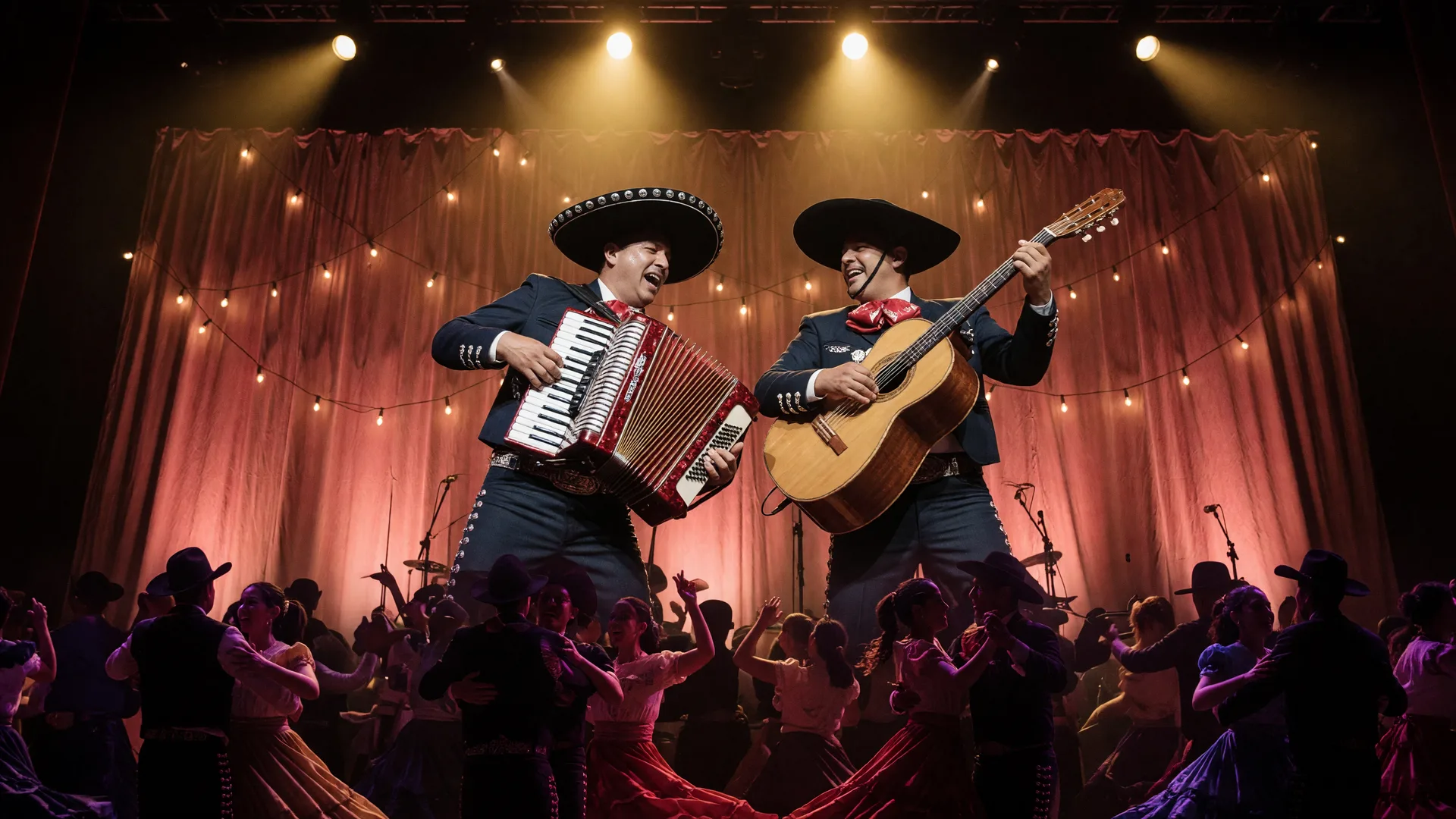 A northern Mexican conjunto in dark charro suits playing accordion and bajo sexto under warm golden stage lights with a dancing crowd