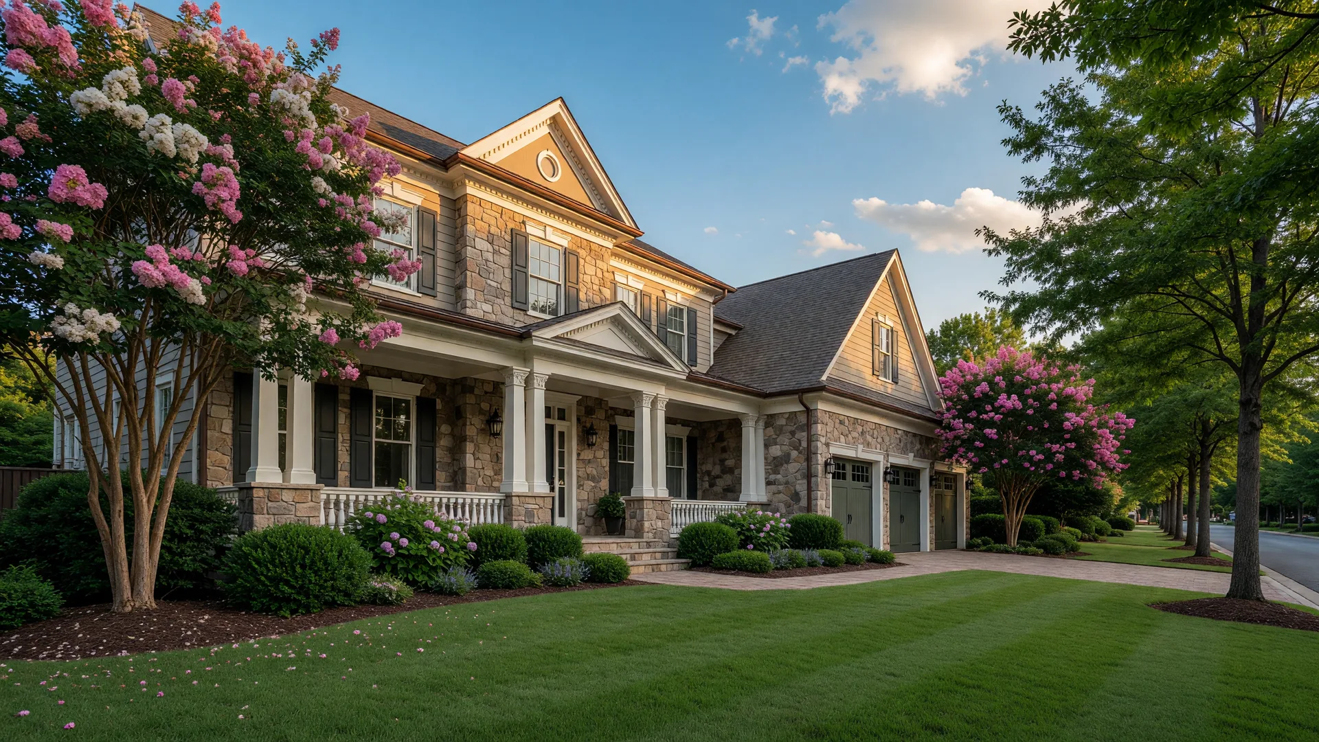 A luxury Toll Brothers new construction home in Virginia with premium architectural detailing on a warm evening