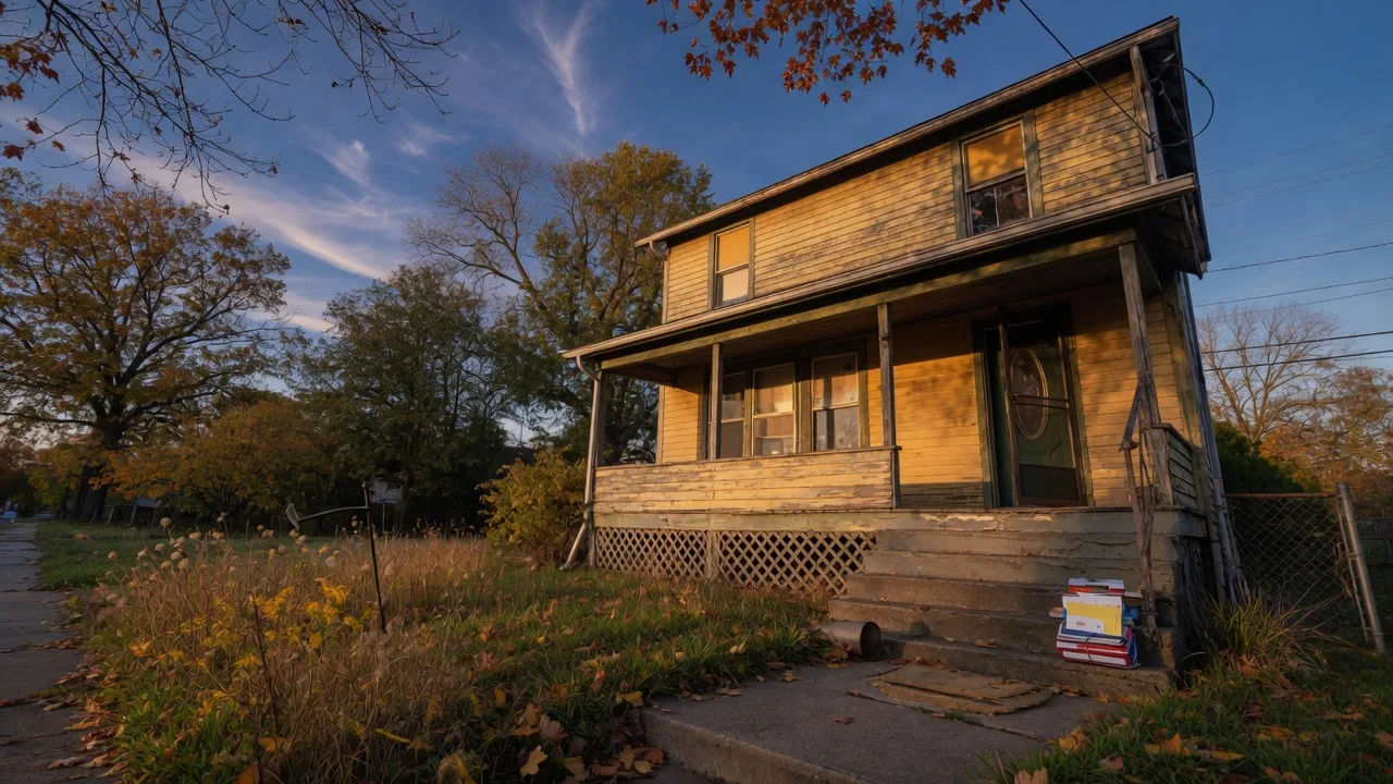 A modest older Northeast Ohio home in need of work on a golden-hour autumn afternoon, seen from the street with a stack of mail on the porch
