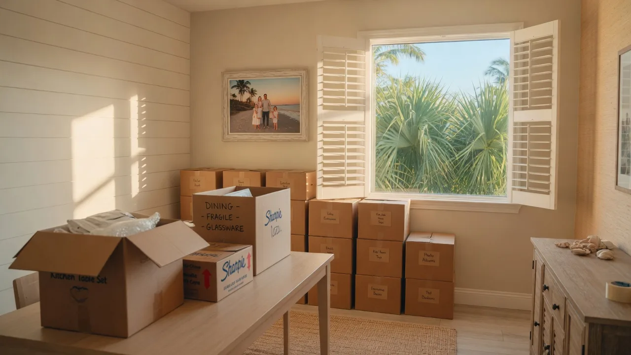 A bright Florida family home being prepared for a move, with neatly stacked packing boxes, palm leaves and warm light through a large window