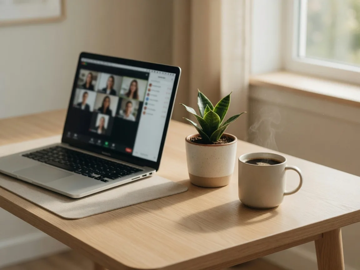 A tidy modern desk setup for a video appointment with a laptop, a small plant, and a cup of coffee in soft natural light