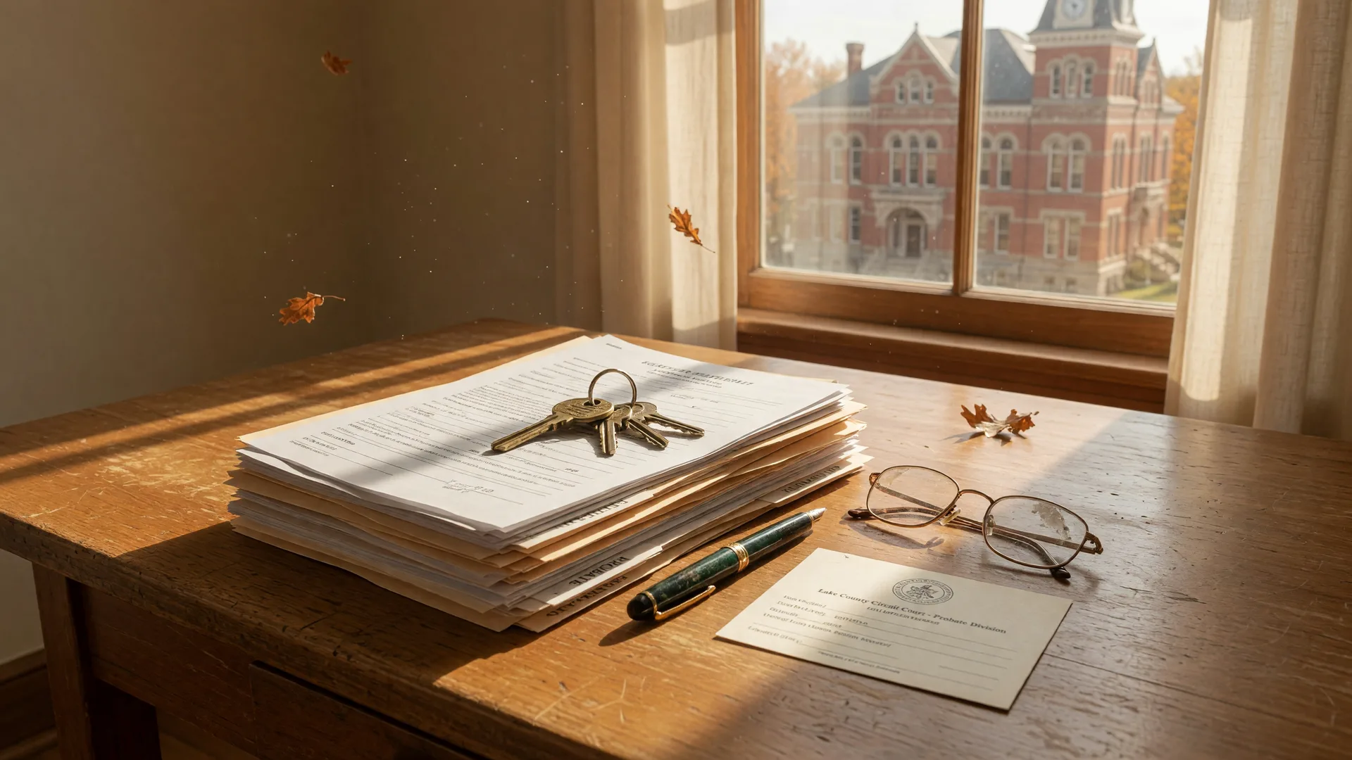 A warm still-life photograph on a sunlit desk in a Northwest Indiana home with estate documents in manila folders, a brass house key, a fountain pen, reading glasses, and a courthouse building visible through the window in golden autumn light