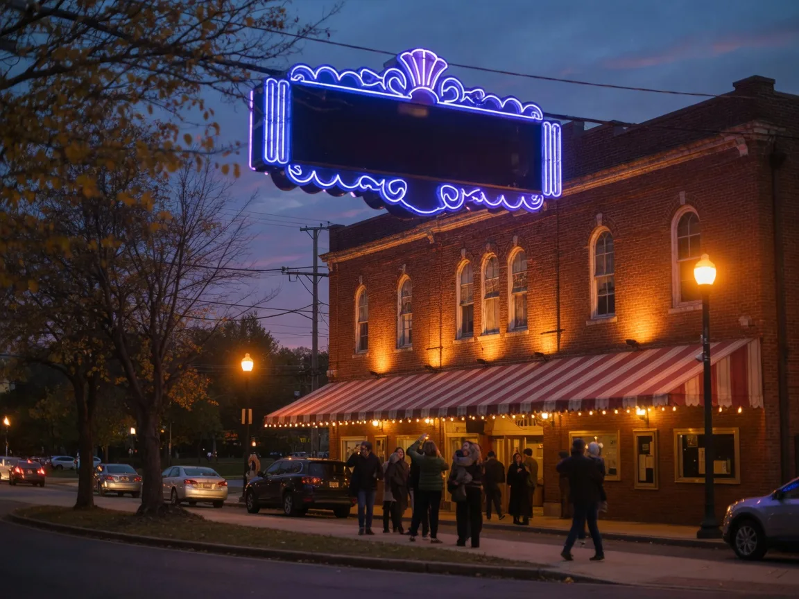 The historic Keswick Theatre in Glenside at dusk with its marquee glowing warm against a blue-hour sky and a crowd gathering beneath the canopy on a tree-lined street