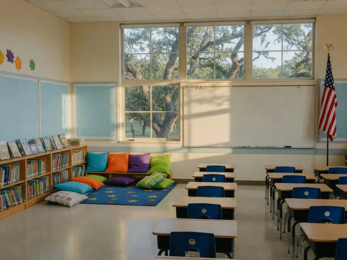 Bright, empty elementary classroom in a Hill Country school with student desks, a blank whiteboard, and an American flag, warm light through tall windows