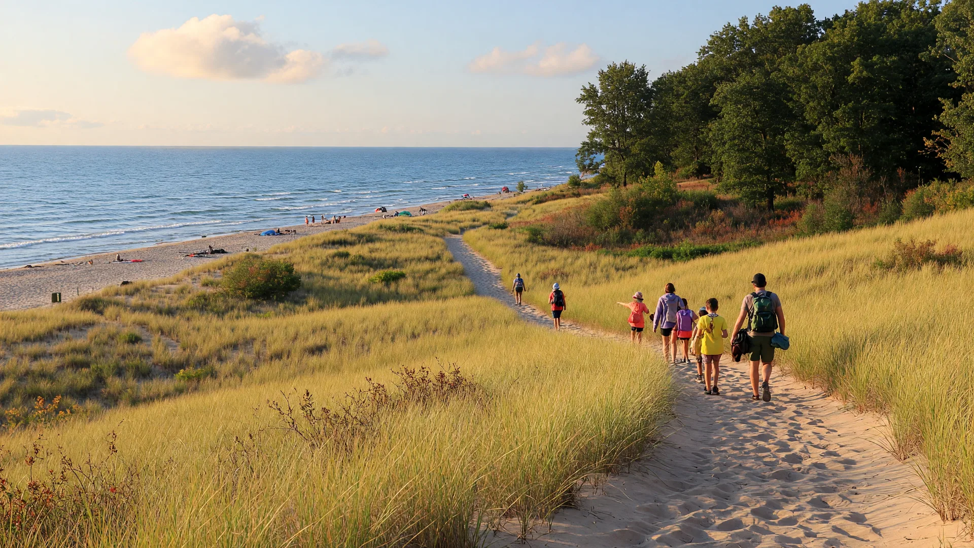 Golden dune grass and a winding sandy trail leading toward Lake Michigan at the Indiana Dunes