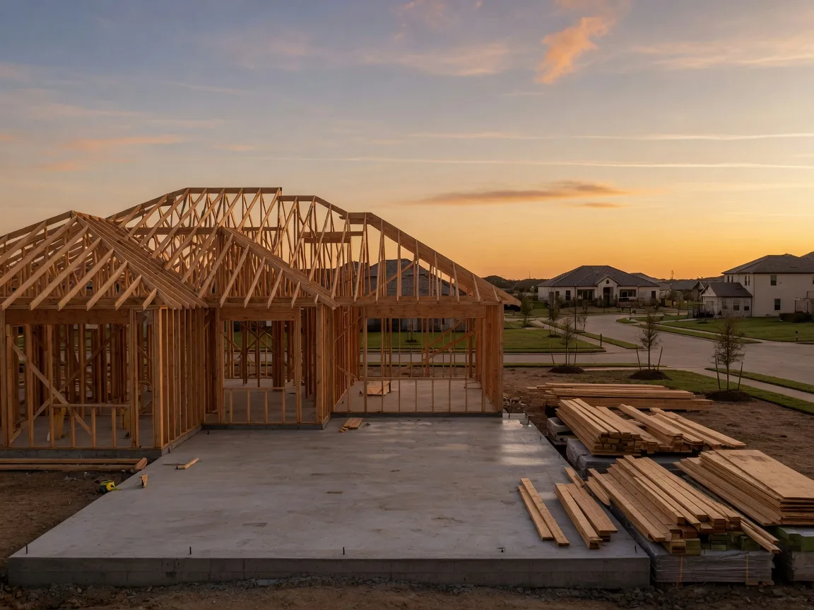A new home under construction in North Texas at golden hour, wood framing and roof trusses against a warm sky