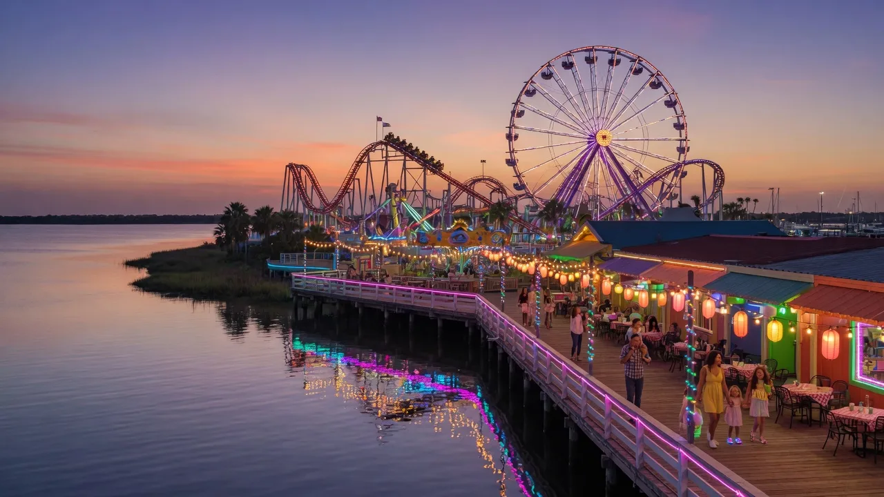 A waterfront amusement park and boardwalk on a Texas bay at twilight