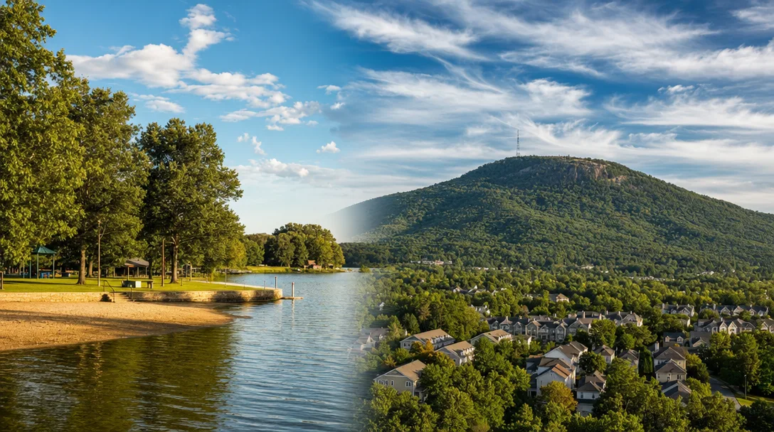 Split scene: Acworth's Lake Acworth shoreline with Cauble Park on the left and Kennesaw Mountain rising above suburban neighborhoods on the right under golden-hour sky