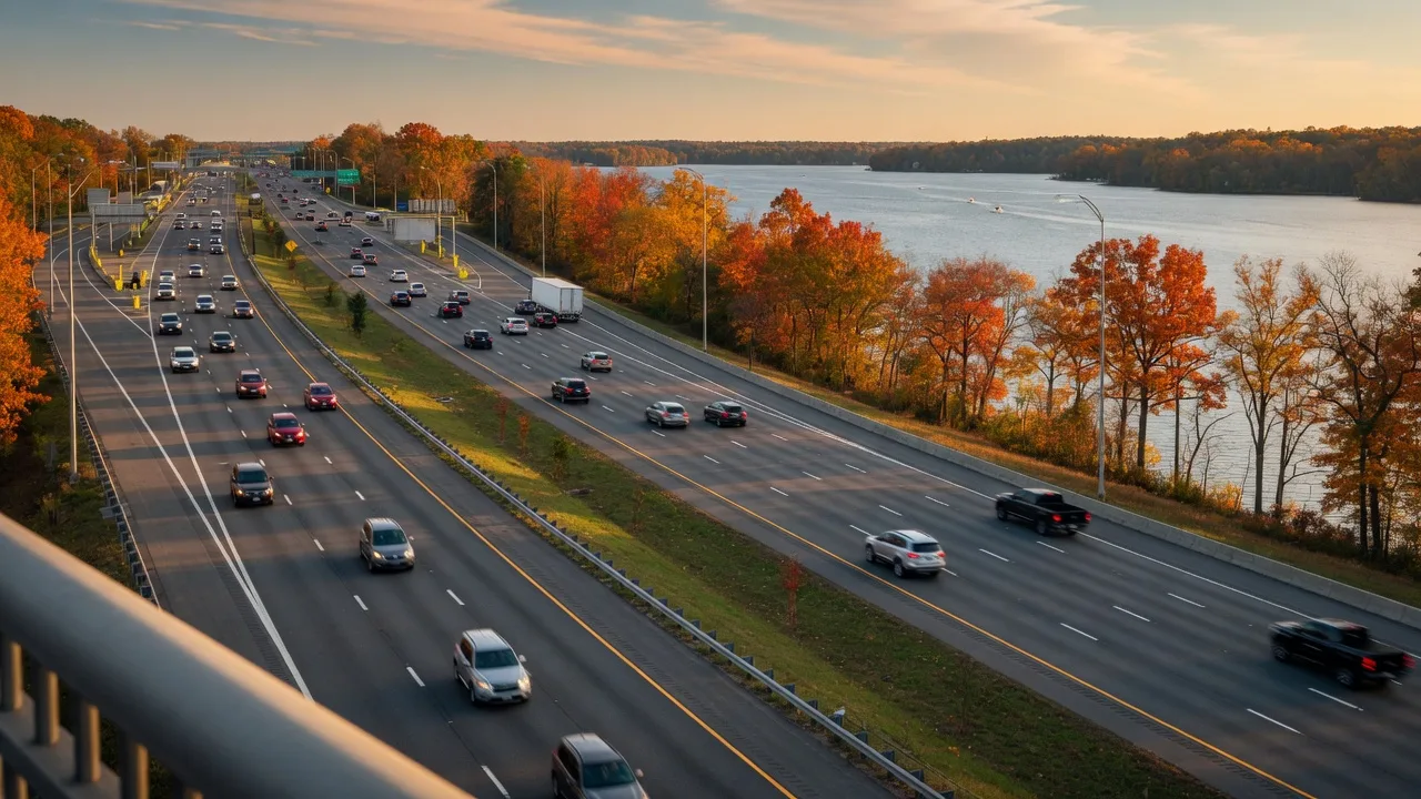 I-77 highway near Lake Norman viewed from an overpass during golden hour with autumn foliage