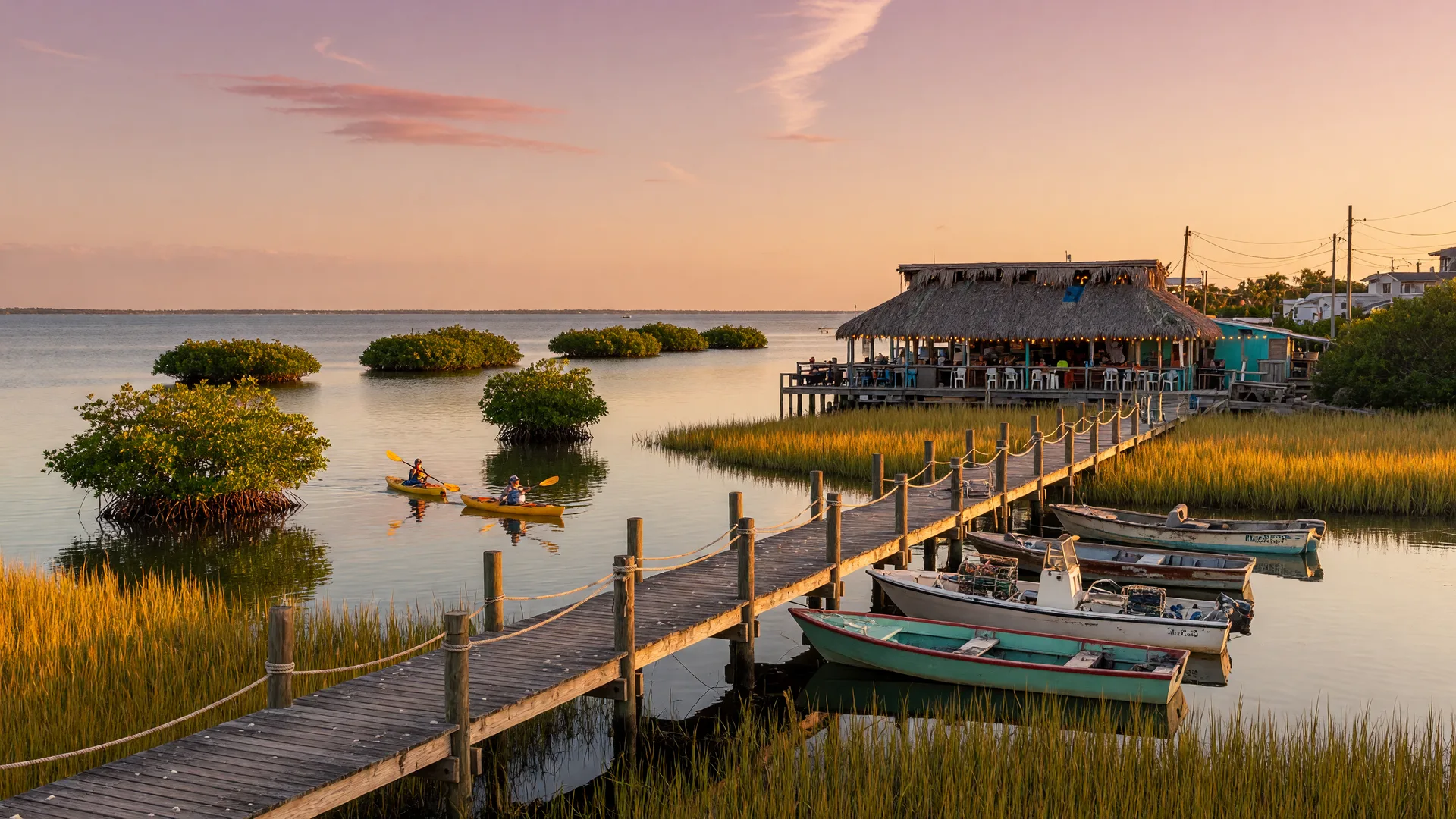 Port Richey waterfront at golden hour, with a boardwalk and fishing pier over a calm salt-marsh river, a tiki bar with string lights in the distance, and moored fishing boats