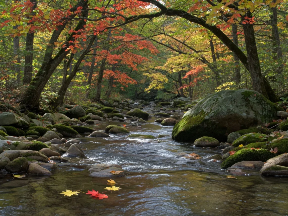 Clear rocky creek flowing through a Pennsylvania state forest in mid-October, with mature trees in gold, orange, and red fall foliage overhanging the water
