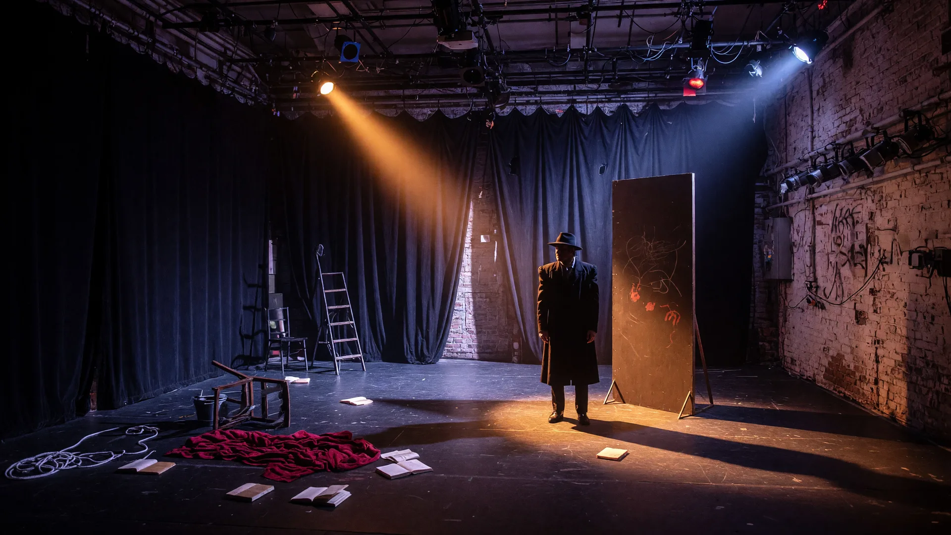 An avant-garde black-box theatre stage with exposed brick, industrial lighting rigs, and a single actor silhouetted in a warm spotlight against dark curtains