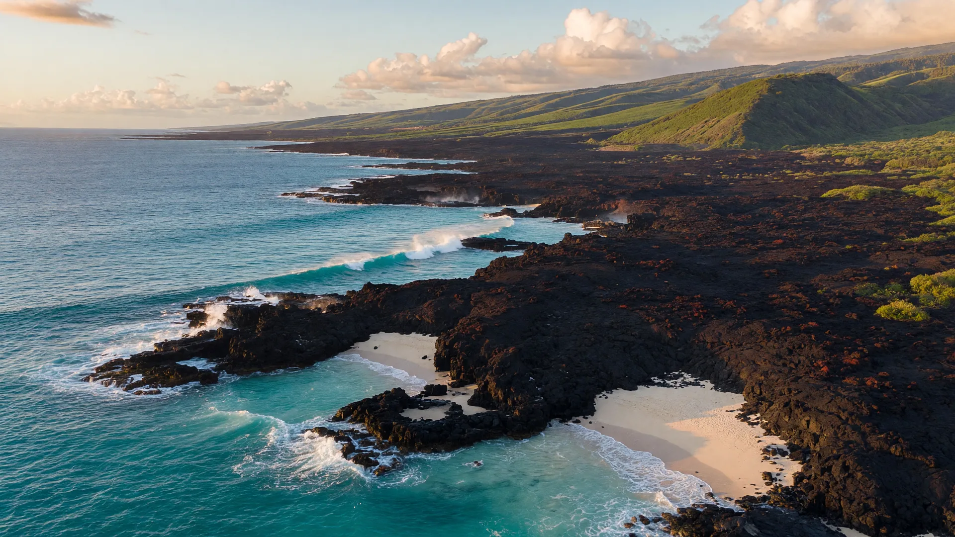 Aerial view of the Big Island coastline where black lava meets turquoise ocean