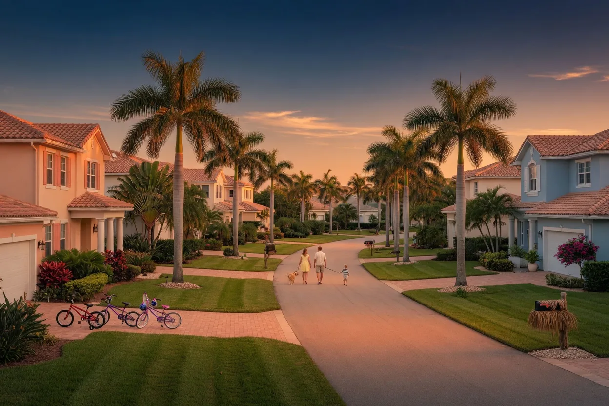 A palm-lined North Naples family neighborhood at golden hour