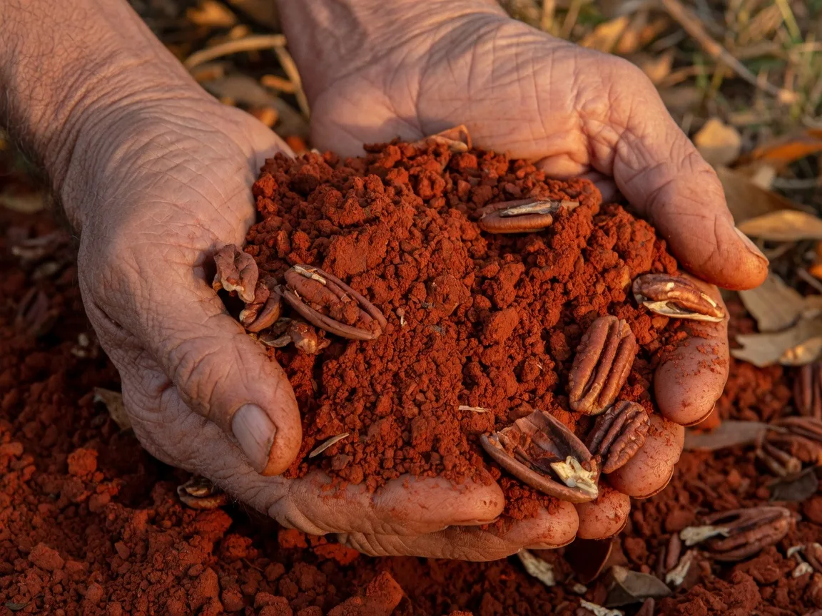 Close-up of weathered elderly hands cupping red Georgia clay soil with pecan shells in warm golden light, symbolizing generations of land stewardship