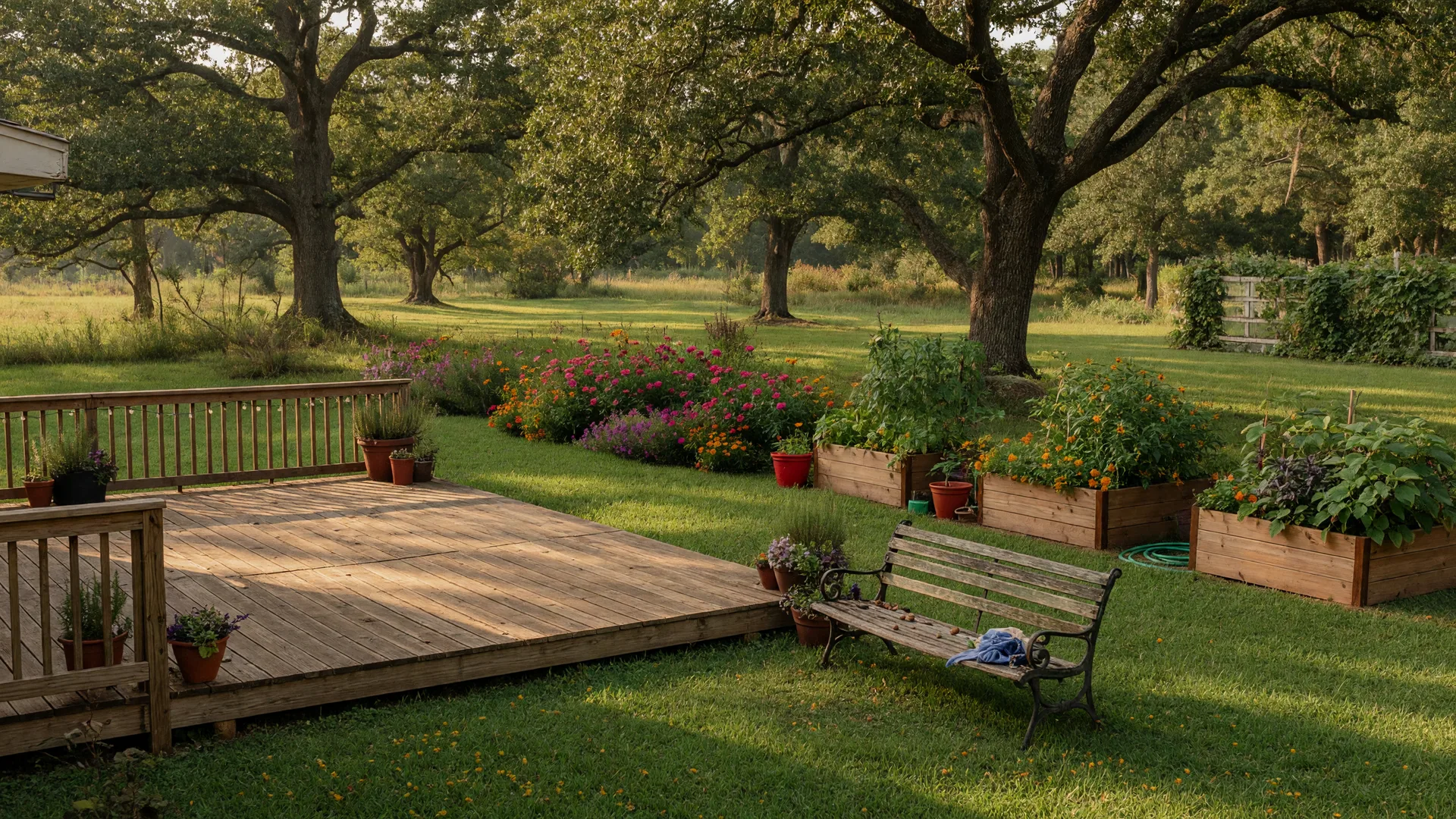 Spacious backyard garden with oak trees and flower beds in rural East Texas