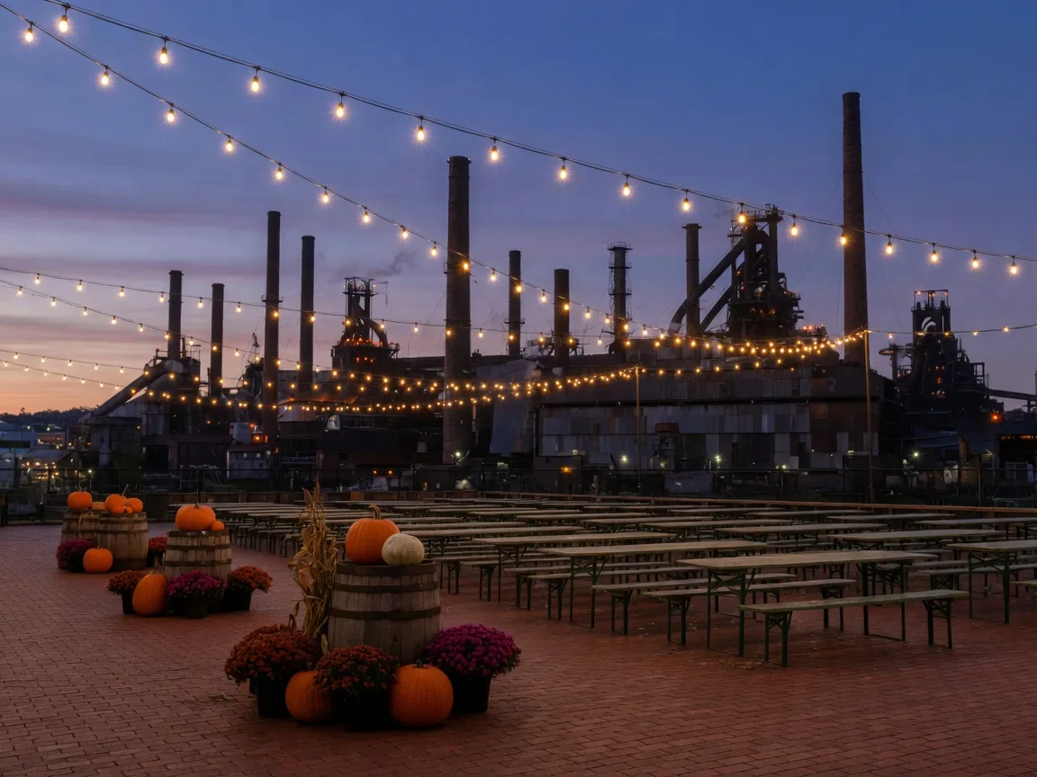 Warm string lights above a brick festival plaza at dusk in Bethlehem, with the old SteelStacks smokestacks silhouetted against the early-autumn sky