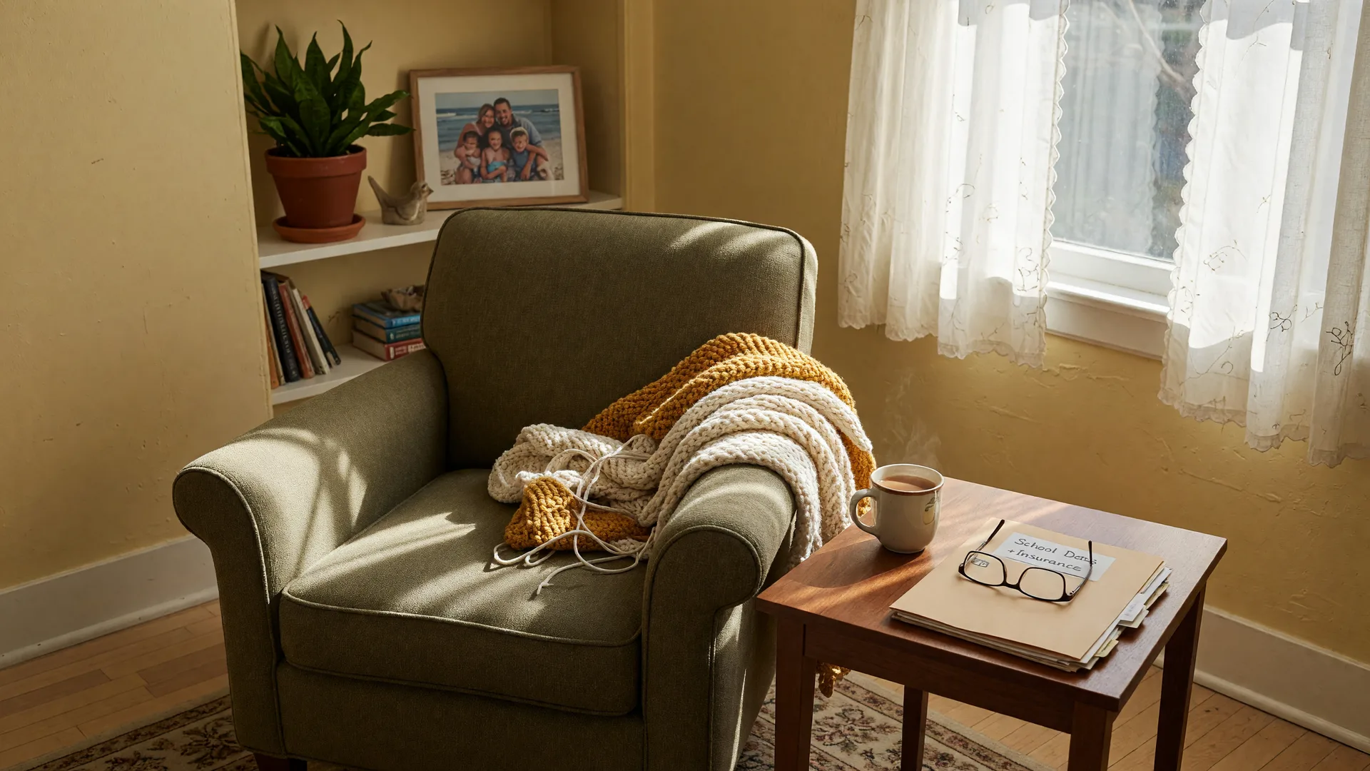 A sunlit living room with a plush armchair draped in a knitted throw, a side table holding a mug of tea, reading glasses, and a folder of documents