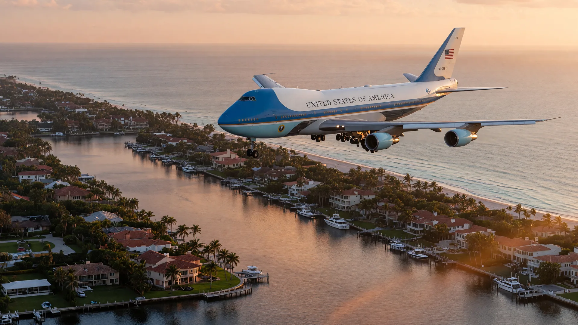Air Force One, the presidential 747, descending over the Palm Beach barrier island at golden hour
