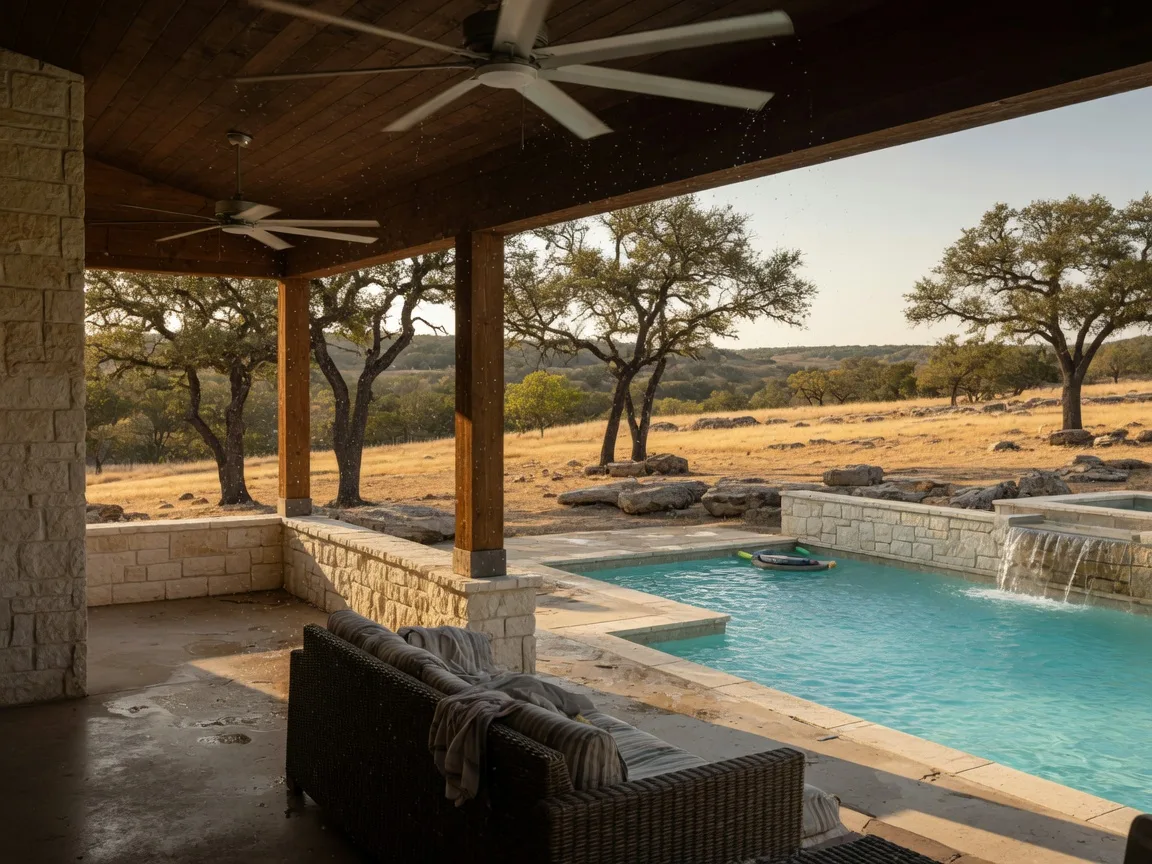 A Texas Hill Country swimming pool and covered patio with misting fans, looking out from a shaded perspective at a sun-baked limestone landscape with live oaks and dry grass stretching to the horizon, showing how homeowners adapt outdoor living to summer heat