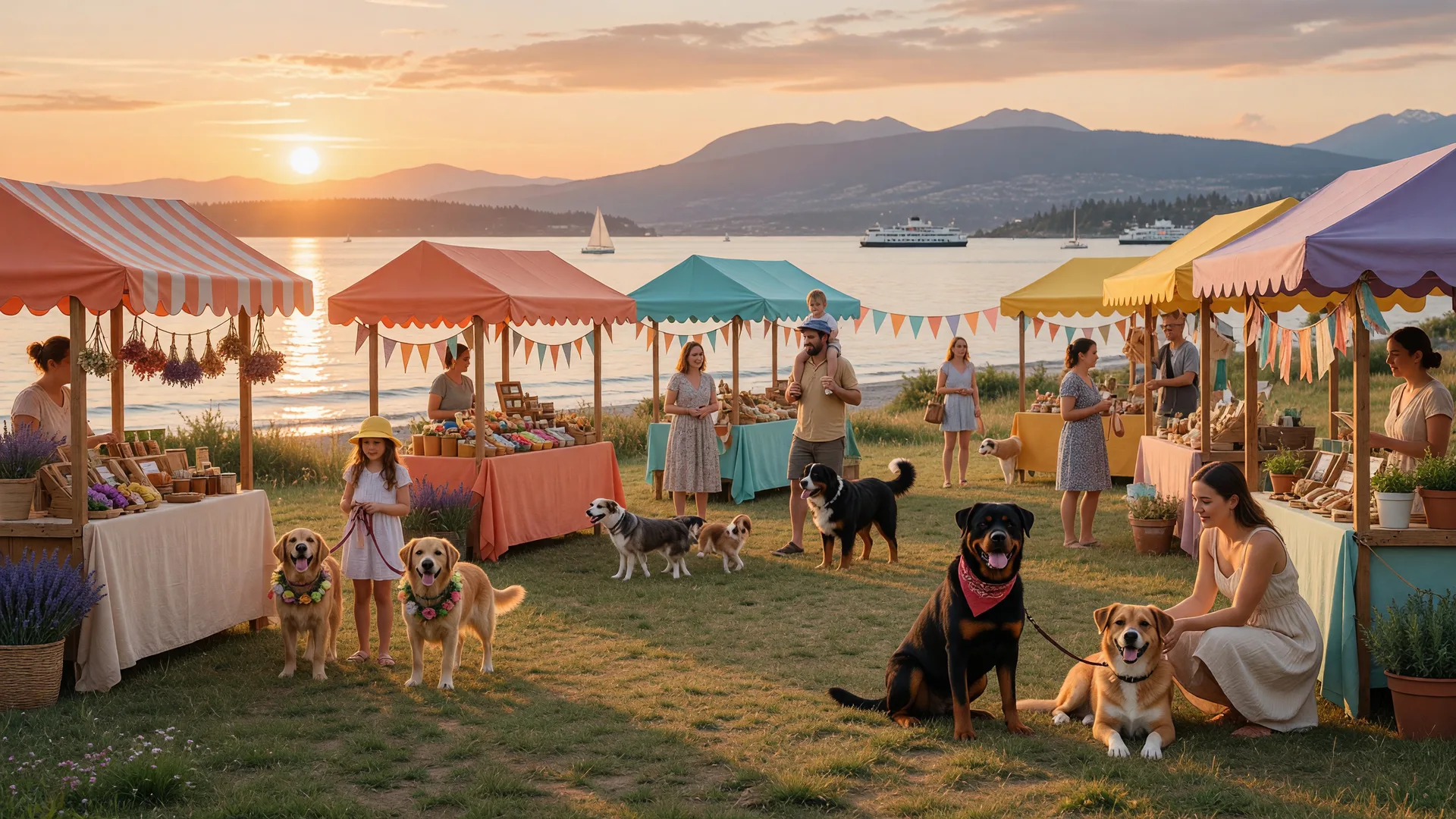 A dog-friendly outdoor summer market in Victoria BC at golden hour with wooden stalls, families with dogs, and a coastal backdrop