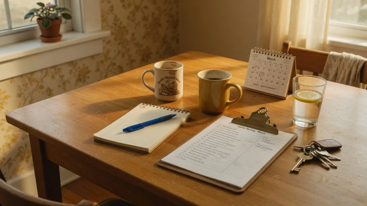 A warm still-life photograph of a kitchen table in a Northwest Indiana home set for a family meeting with a notepad and pen, two coffee mugs, a clipboard with a printed checklist, a small calendar, and a brass house key