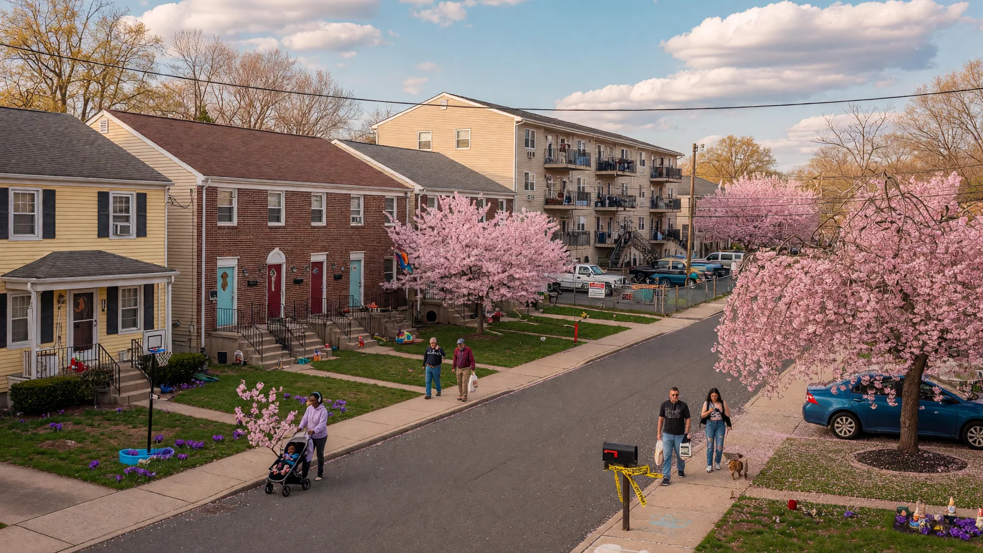 Vibrant South Jersey suburban street with diverse housing types, cherry blossoms, and pedestrians on a sunny spring afternoon