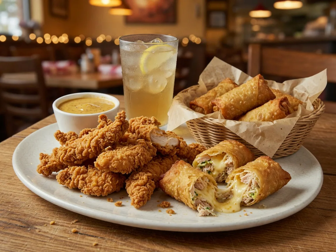 Deep-fried chicken fingers and Cheesy Chicken Lips egg rolls with honey mustard dipping sauce at Rick Tanner's Grille and Bar in Dacula Georgia