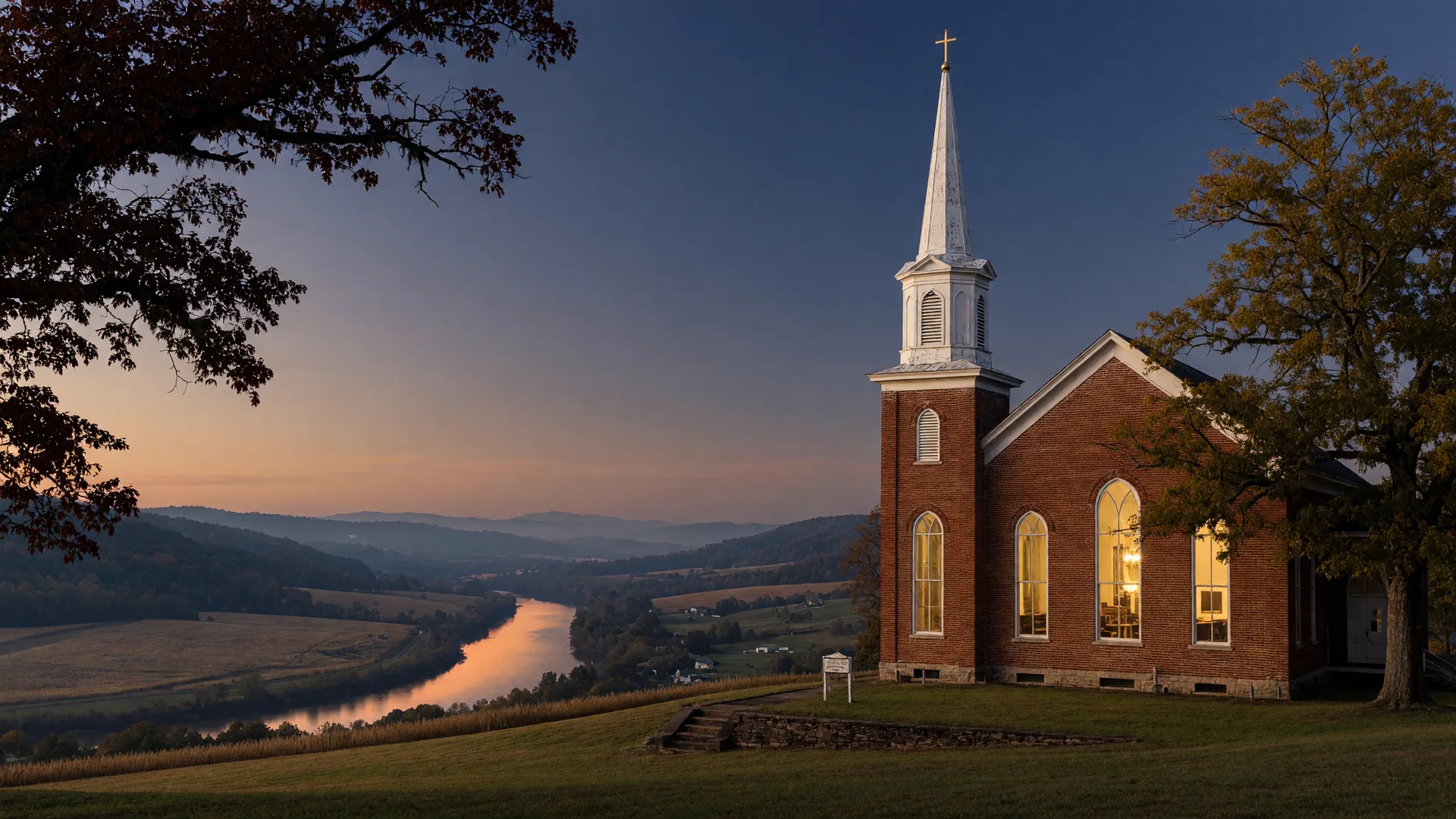 Historic brick Methodist sanctuary with a white steeple on high ground above a hazy Georgia river valley at dusk