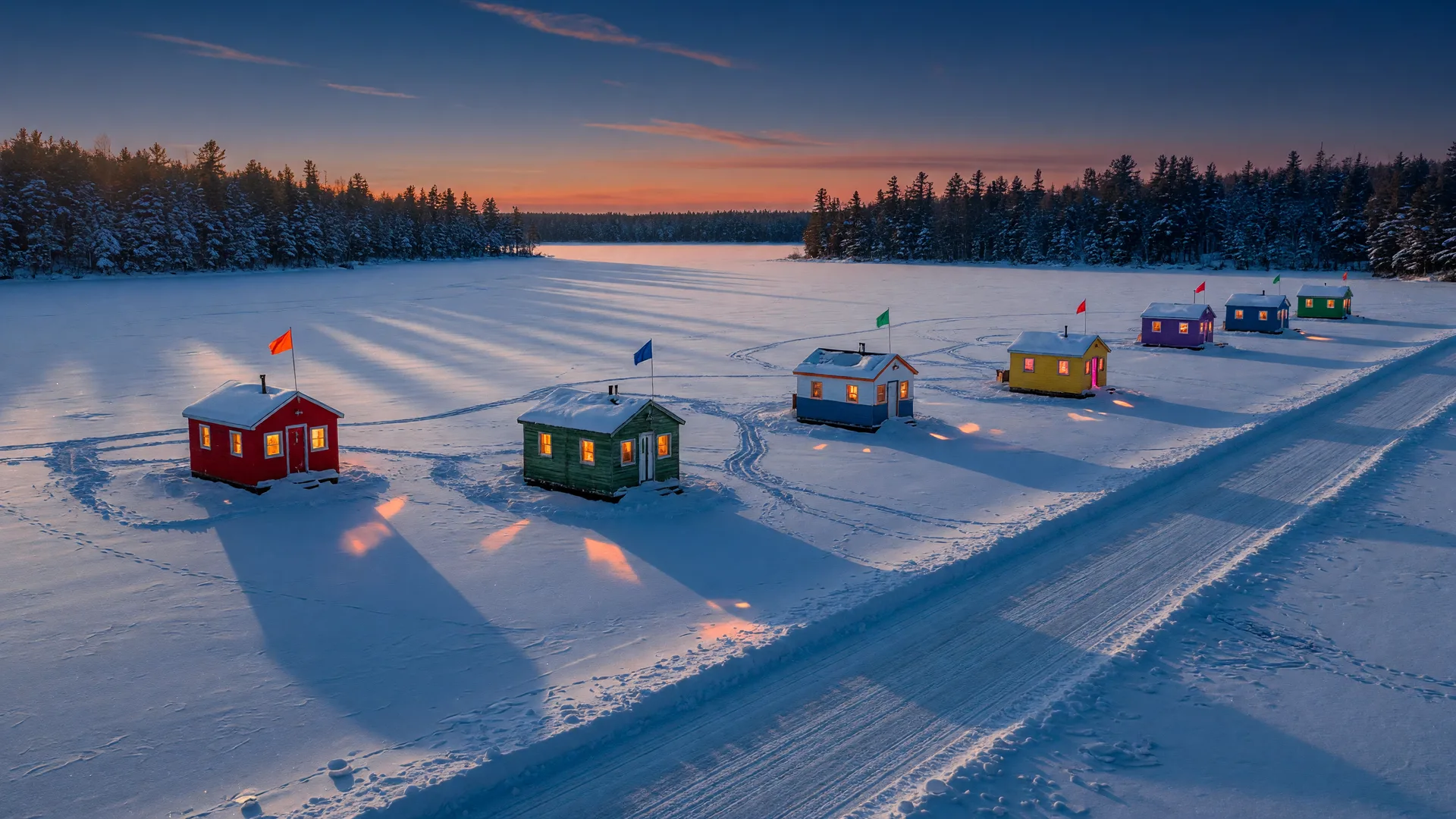 Ice fishing houses and snowmobile tracks on frozen Pelican Lake near Breezy Point, Minnesota
