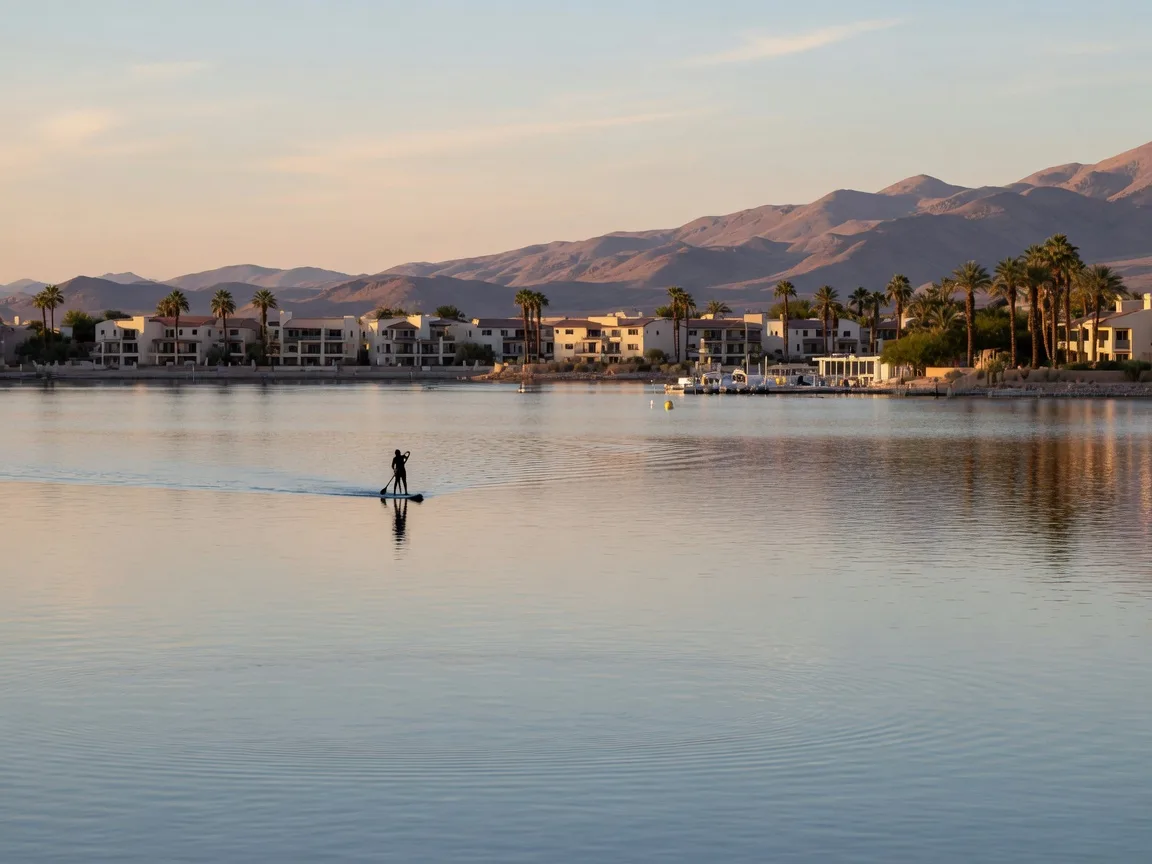 A paddleboarder gliding across the calm water of Lake Las Vegas in late-afternoon light, with resort buildings and desert mountains beyond