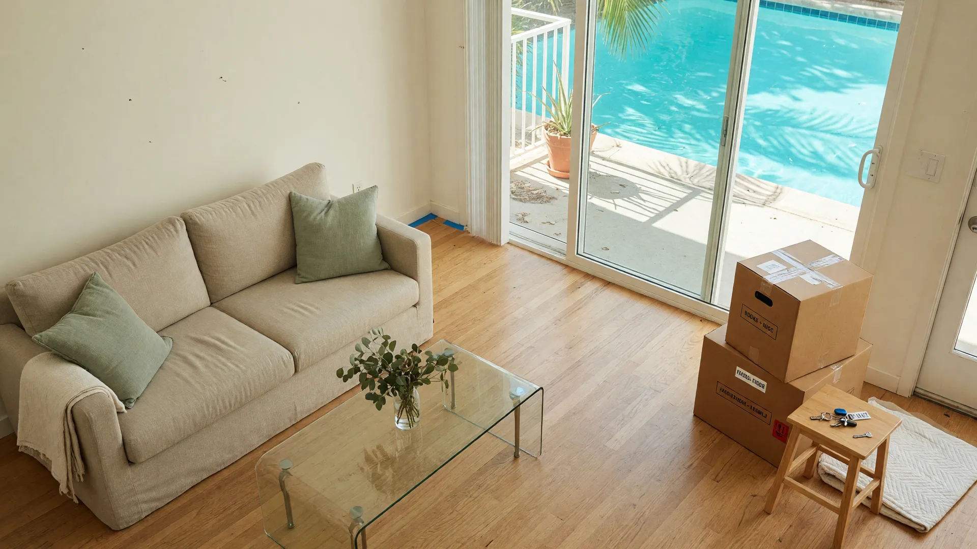 A bright San Diego living room mid-move, with moving boxes near the door and a pool beyond the glass